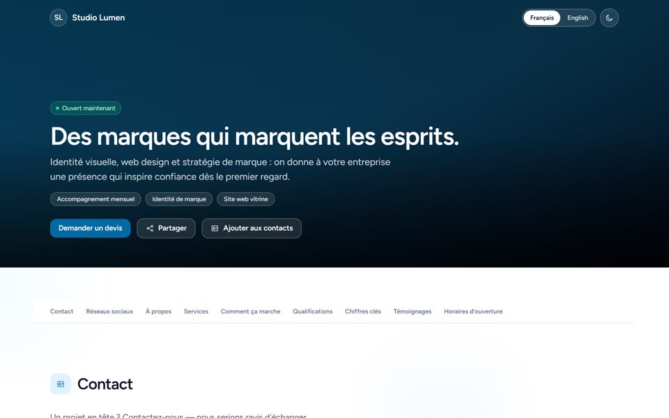 Une vraie page publique d'entreprise créée sur opirolab